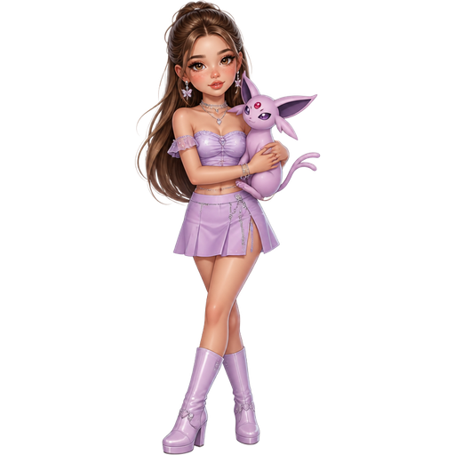 semi-realistic soft cartoon luxury glam, mini plush Bratz-doll aesthetic, cinematic glow, crisp clean detail, glossy glam skin. brown eyed Petite 5ft girl, fair skin with soft freckles, wide face with tall forehead, honey-brown almond wide-set upturned eyes, fluttery lashes, shimmer highlight, plush lips, bottom heavy lip, sweet Belle-princess vibe, long straight brunette hair with visible light blonde highlights, wearing a lilac fitted off-shoulder crop top with subtle gem details, a lavender mini skirt, silver jewelry, light lilac knee-high boots, soft waves with a half-up style, holding Espeon from Pokémon with a graceful elegant pose
