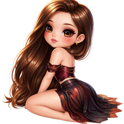 chibi girl: back view sitting looking over shoulder with hair completely swept over shoulder: semi-realistic soft cartoon luxury glam, mini plush Bratz-doll aesthetic, cinematic glow, crisp clean detail, glossy glam skin. brown eyed Petite 5ft girl, fair skin with soft freckles, wide face with tall forehead, honey-brown almond wide-set upturned eyes, fluttery lashes, shimmer highlight, plush lips, bottom heavy lip, sweet Belle-princess vibe, long straight brunette hair with visible caramel highlights, side-part hair all swept to the side over shoulder softly defined feminine body, full round bust, dressed in a deep burgundy structured top with metallic detailing, flowing skirt with jagged hem in obsidian and rust tones. medium length hair, not too long. full body showing. Cozy romantic glow, soft warm lighting, pop-princess energy