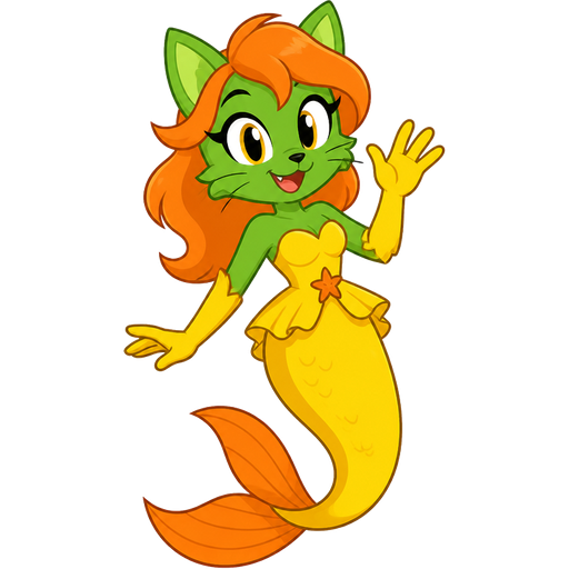 green cat anthro with yellow dress attached to long yellow mermaid tail with orange fins yellow gloves orange hair based on merna the merhog