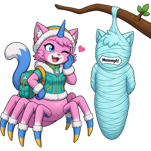 anthro girl pink cat drider with blue and white tail white wrists blue hands white ankles yellow tips on spider legs green collar blue unicorn horn wearing everest's hat clothing with backpack on left side next to wrapped up and mummified fully covered in a #B8FFFF spider slik cocoon shaped like furry cat boy kid anthro arms behind back with #B8FFFF spider slik wrappings completely covered with thick layers non-transparent #B8FFFF spider slik wrappings Mmmmph! hanged to the branch