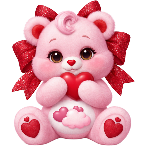 Shy Heart Light Pink Care Bear with A Large Red Glittery Bow at the back of the Head with Red Fur inside of the Ears with a Light Pink Cloud and A Dark Pink Heart Hiding Behind it and Two small Hearts on the Light Pink Cloud on the Stomach with a Red Heart Nose and a Pink Curled Bang Tuft of Hair Holding a Red Heart and a Red Heart on the Feet