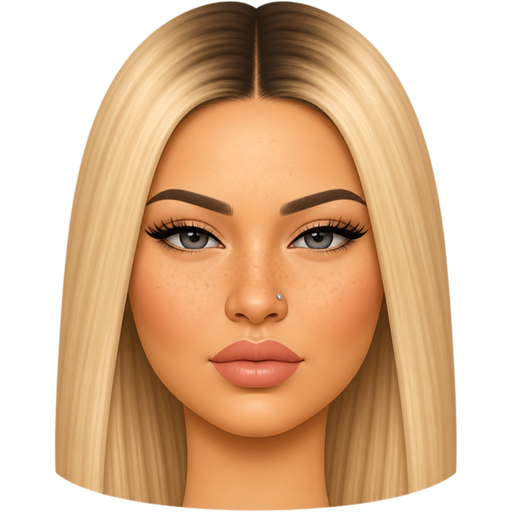 35 year old baddie with slightly full lips a slight bumpy nose round face cheek bones with freckles almond shaped squint gray colored eyes lashes nose stud fair skin with very long straight blonde hair and dark roots parted in the middle serious