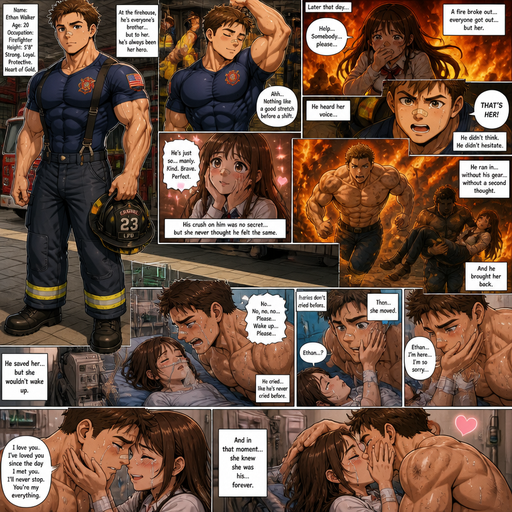 A Very Detailed Full Body anime comic book view of a Not tall and High schooler sized but Beefy and Bulky and Huge Beefy Pecs and Biceps and above average but Bulky and ANIME Cute Bara Big Bulky Build for a Manly Firefighter Hunk Who looks Normal 20 year old American with a round facial Structure and ROUND and BASIC facial structure and No Facial Hair With Puffy and Big Pecs that are visible through the shirt and Biceps and Bandaid on his nose and slim and thin waist Wearing a Firefighter outfit and Looking good in it. And His crush looking at him and he stretches. And later that day she got stuck in a fire and she was the last person and He heard her and bolted in to get her without his gear and he came out Hot and sweaty that made him look Attractive but he saveed her life and he kissed her in the Gurney at the hospital and he Cries of how she’s doesn’t respond but she finally does and he puts her hand on his face and he Confesses his Undying love for her and she cries with happy tears and hey kisses her again