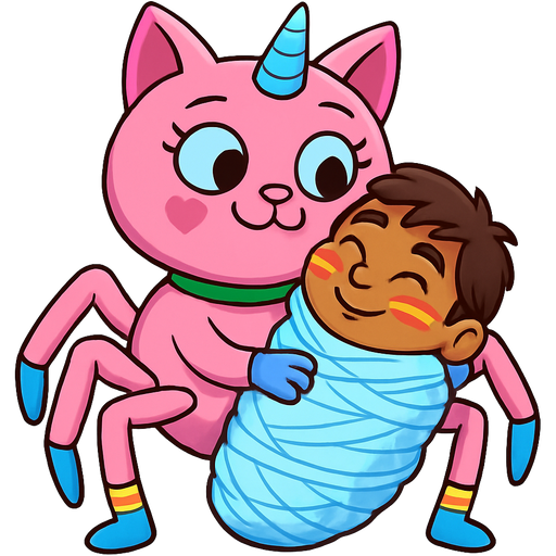 giant pink cat spider hybrid with blue unicorn horn green collar blue eyes with eyelashes heart shaped cheeks white wrists blue hands blue pink spider legs with yellow socks and blue socks cartoon character happy cuddling #B8FFFF cocoon slikworm cocooned pod jungle native boy with red and yellow face paints happy covered with #B8FFFF huge coating of #B8FFFF spider slik and huge #B8FFFF spider slik wrappings and huge #B8FFFF spider slik webbing wrappings #B8FFFF