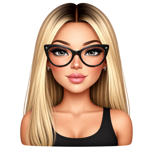 40 year old baddie with slightly full lips a slight bumpy nose round face cheek bones with freckles almond shaped gray colored eyes lashes shiny nose stud fair skin with freckles across nose with shiny nose studlong straight blonde hair and dark roots parted in the middle serious and large black glasses wearing a black tank top