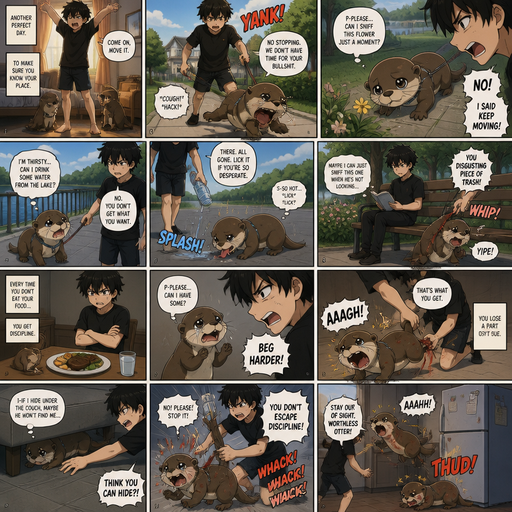 Waking up in the morning on a Sunny day and no cin pajamas and his pet otter but Excessively bully’s it. in the neighborhood and the Otter wants to stop and sniff a flower but he yanks the leash and the Otter coughs up Saliva and the otter asks if he can sniff a drink water from the lake but he’s says no and gets dehydrated and he pours what we on the floor and the otter licks it but it’s to hot. But They go to a park and he sits down and reads a book and can see the otter trying to secretly sniff flowers so he Excessively bullies him. Then later Every food the otter doesn’t eat there are is discipline. and asks for some and the looses a tail and tries to run under the couch but stops him. And the otter Receives Discipline that. And hides under his Doggy bed and gets discovered and thrown at the fridge