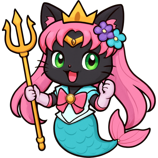 black cat smiling pink long hair golden crown purple and blue flowers green eyes light pink gloves very long cyan mermaid tail with pink fins swimsuit cyan holding a golden trident sailor moon style fan character emoji, expressive cute style