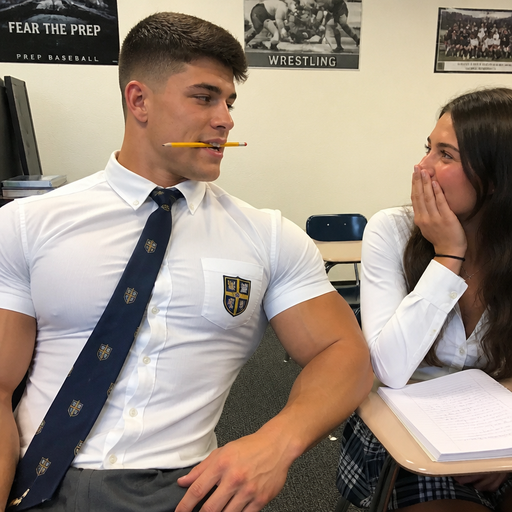 A Real life Full Body Image of a Hugely Muscular American White skinned Teenage Jock with a BASIC and ROUND looking face and Low taper fade with Dark Brown hair and brown eyes and Big Arms and Big Pecs with a Tall Grotesque wrestler’s body. Tight Buttoned up in a School Uniform shirt with a Logo on it. holding a pencil in his Mouth sideways leaning in a chair. And Making a Student Blush and looking at her