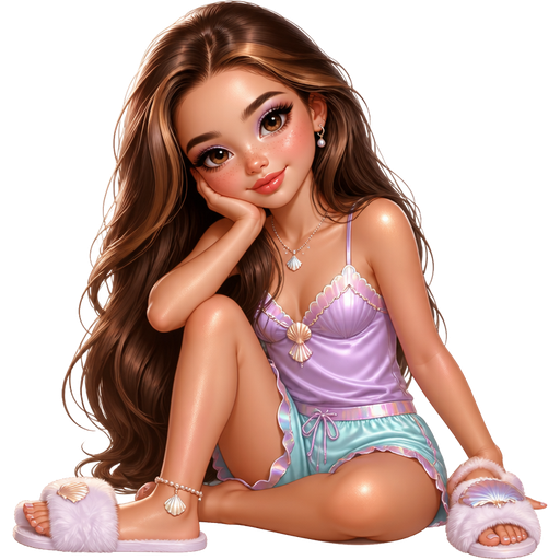 semi-realistic soft cartoon luxury glam, mini plush Bratz-doll aesthetic, cinematic glow, crisp clean detail, glossy glam skin. brown eyed Petite 5ft girl, fair skin with soft freckles, wide face with tall forehead, honey-brown almond wide-set upturned eyes, fluttery lashes, shimmer highlight, plush lips, bottom heavy lip, sweet Belle-princess vibe, long straight brunette hair with visible caramel highlights, wearing a lavender satin sleep cami with shell-inspired trim, aqua lounge shorts with iridescent edging, pearl anklet, fluffy slippers, hair in huge glossy waves, makeup with glowy skin, peachy blush, soft lilac shimmer, and a glossy coral-pink lip, posing with cozy mermaid-girl energy and a sweet playful smile