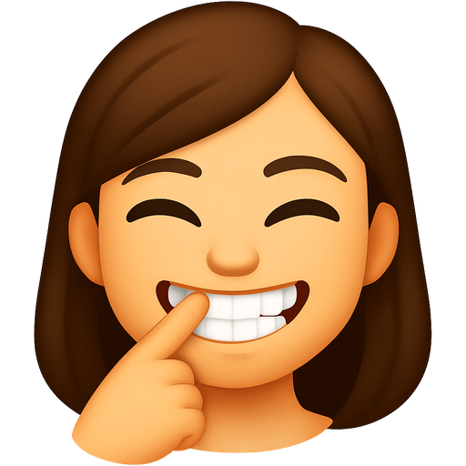 Girl with her index finger in her front teeth and smiling at the same time more like she is doing a rawrrr so squinting a bit with her eyes