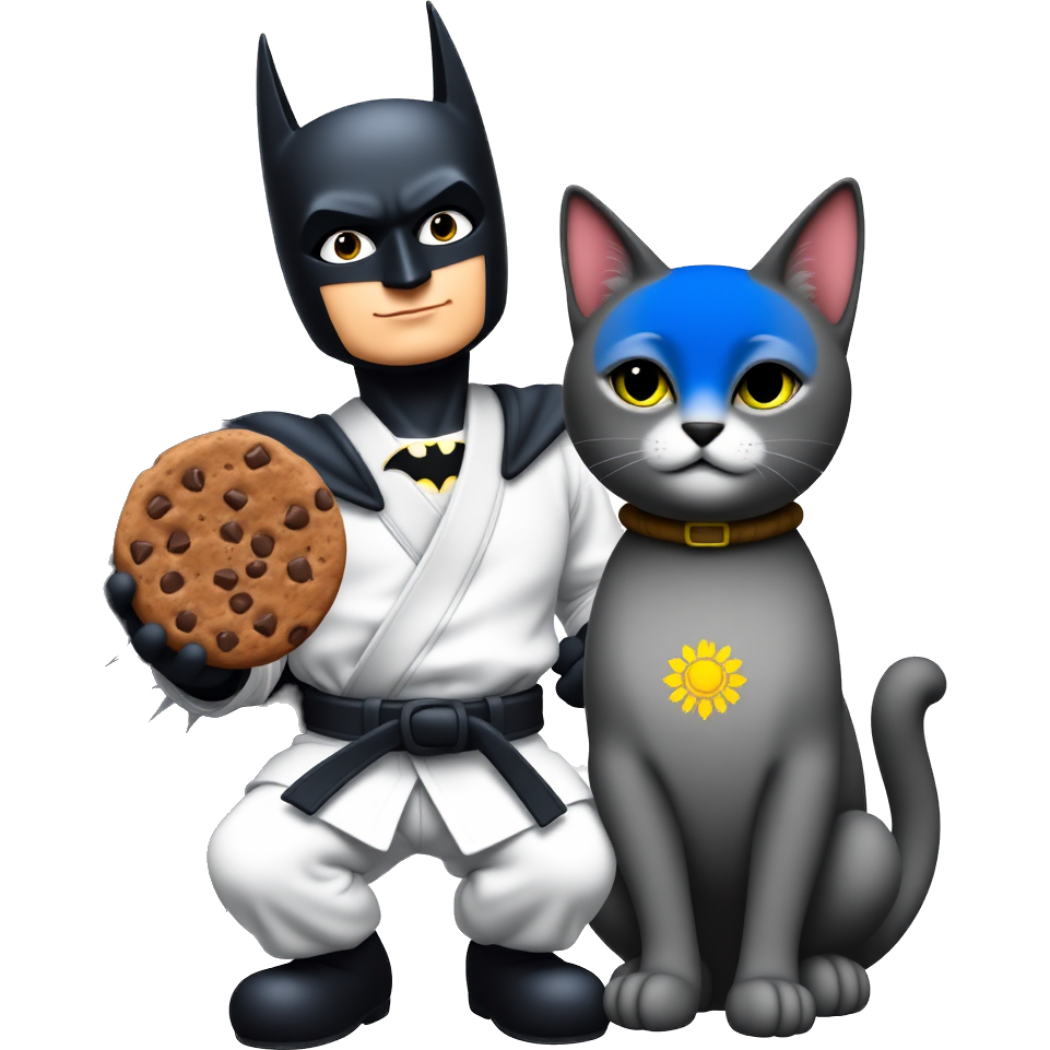 batman wearing a taekwondo dobok holding a chocolate chip cookie with a cat next to him, the cat has a Kosovo flag over her