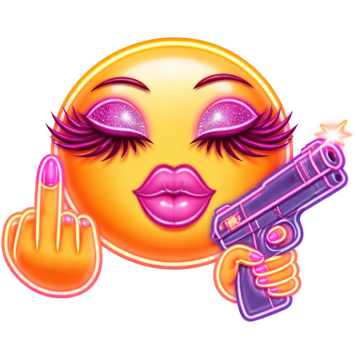 A baddie with baddie lashes with eye closed and big juicy lips holding a middle finger and holding a gun