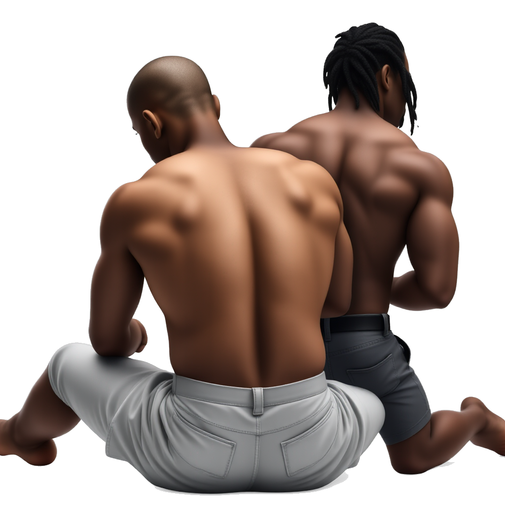 shirtles guy sits backwards showing his back and legs while a guy with dreads and muscles touches his lower back from behind him