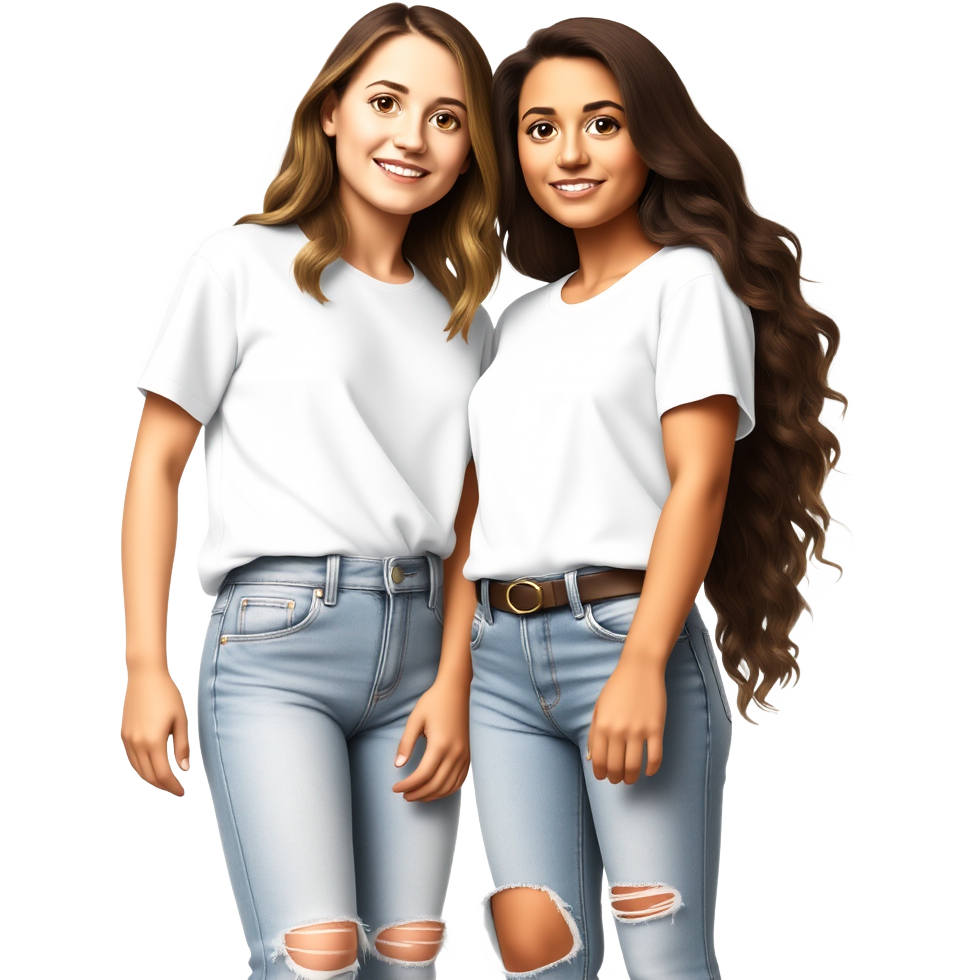 two girls standing next to eachother in white shirts and ripped BAGGY jeans one with light skin and with tan skin one with brown wavy hair and one with medium brown hair