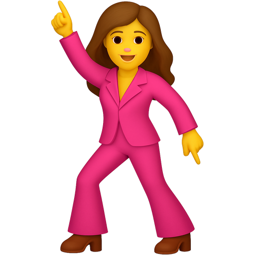 Long haired girl with one hand in the air pointed up and the other hand pointed down in a pink seventies era disco suit dancing