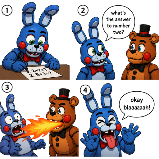 toy bonnie writing with pen doing maths 1hey toy freddy 2 what's the answer to number two? 3( toy freddy breaths fire out his mouth) toy bonnie 4 okay blaaaaah!