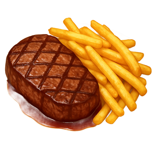 A juicy, perfectly seared steak served with golden, crispy fries. The meat’s juices blend with the fries’ crunch, creating a contrast of textures and rich flavors in every bite.