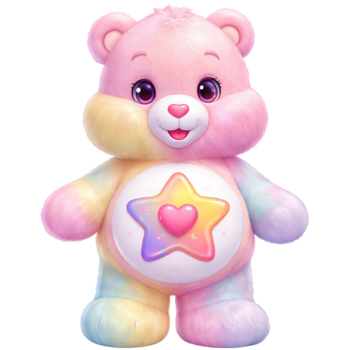 True Heart Pastel Pink,Yellow and Blue Care Bear with a multicolored Star Pink yellow purple orange blue and a heart in the inside on the stomach