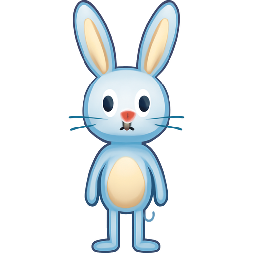 A light blue bunny pink nose and round mouth with yellow in the middle of the ears that has wight eyes with black in the middle has no whiskers that stands on skinny legs and has a skinny body and skinny arms and has huge ears that stand on top of his head and tiny bushy tail that is wight and has a round belly that is yellow and is toward the bottom of the stomach