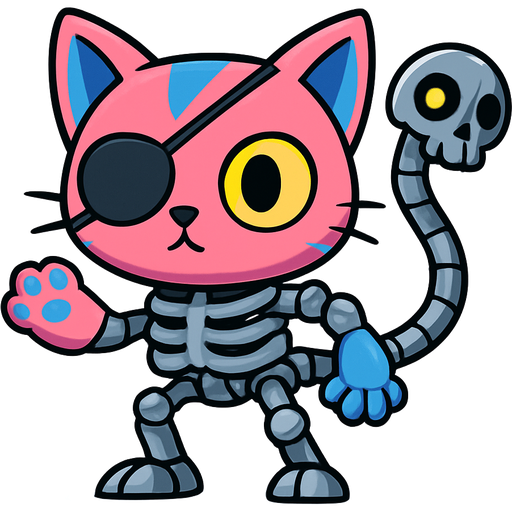 a creature with pink cat with blue markings head with eyepatch on a metal pipe a robotic skull with an eye on metal pipe tail with a ribcage with three robot legs with pink cat paw and blue cat paw on skeleton arm and blue cat paw on a metal pipe sonic x style