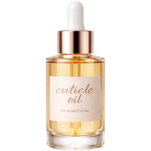 Modern luxury glass cosmetic bottle filled with honey-colored cuticle oil, прозрачный clear glass with warm golden liquid, soft glossy reflections and realistic highlights, sleek cylindrical bottle with a dropper or brush cap, minimal aesthetic, cute feminine label that reads ‘cuticle oil’ with subtle The Gel Bottle Inc inspired branding, clean modern typography, soft neutral colour palette (cream, blush, beige), high-end nail brand style, ultra realistic, studio lighting, centered composition with space around the product, sharp focus, 4K, beauty product photography