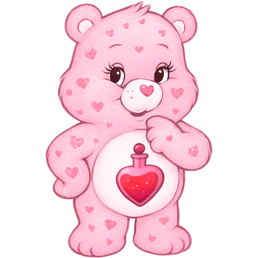 A pastel pink Carebear with glittery pink hearts all over their fur with an enchanted dark pink bright red ombré love potion as a belly badge