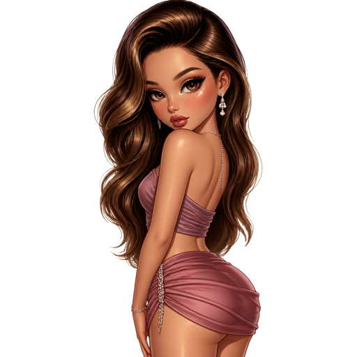 semi-realistic soft cartoon luxury glam, mini plush Bratz-doll aesthetic, cinematic glow, crisp clean detail, glossy glam skin. brown eyed Petite 5ft girl, fair skin with soft freckles, wide face with tall forehead, honey-brown almond wide-set upturned eyes, fluttery lashes, shimmer highlight, plush lips, bottom heavy lip, sweet Belle-princess vibe, long straight brunette hair with visible caramel highlights, wearing a mauve draped crop top and a dusty rose micro mini skirt with gathered ruching and rhinestone trim, crystal earrings, hair in old-Hollywood side-swept waves, makeup with rosy smoked eyes, pink champagne glow, mauve blush, and a glossy mauve lip, turned away with her back slightly arched and looking over her shoulder with a dangerous doll-like expression