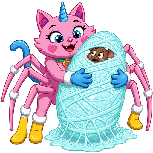 giant pink cat spider hybrid with blue unicorn horn green collar blue eyes with eyelashes heart shaped cheeks white wrists blue gloves white ankles yellow boots blue tail and with white stripe pink spider legs happy hugging #B8FFFF cocoon cocooned brown mouse worried completely covered with #B8FFFF huge coating of #B8FFFF spider slik and huge #B8FFFF spider slik wrappings and huge #B8FFFF spider slik webbing wrappings cocoon #B8FFFF