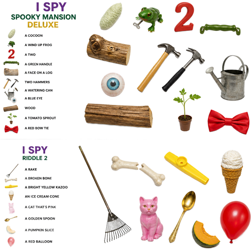 I spy spooky mansion deluxe scholastic pc video game gameplay tool shed i spy riddle I spy a cocoon, a wind up frog, a two, a green handle, a face on a log: two hammers, a watering can, a blue eye,
wood, a tomato sprout, and a red bow tie. i spy riddle 2 i spy a rake, a broken bone, a bright yellow kazoo, an ice cream cone: a cat that's pink, a golden spoon, a pumpkin slice, and a red balloon.