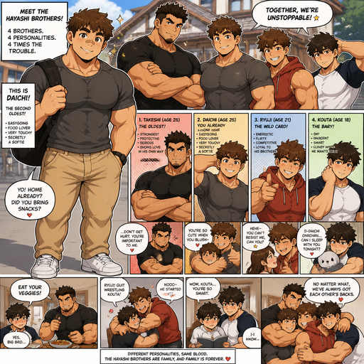 A Full Body Comic Book story view of a Bulky and hunky ANIME Cute Bara Man With Peach toned skin Who looks Normal and round facial Structure and Basic facial structure With Puffy and Big Pecs that are visible through the shirt and Biceps and Bandaid on his nose and Brown and fluffy hair. Wearing normal clothes. And the comic introduces each of his 3 Cute brothers and you can tell there related. and the oldest is the strongest and biggest of them each with different personalities and all Beefy and Hunky. And they each Act hot and cute