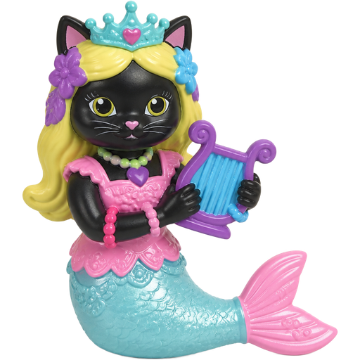 black cat with light yellow hair purple and blue flowers light cyan crown purple and green necklace pink and blue bracelets pink dress attached to long light cyan mermaid tail with pink tail fins with purple and blue harp happy meal toy version