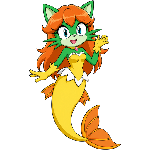 green cat anthro with yellow dress attached to long yellow mermaid tail with orange fins yellow gloves orange hair based on merna the mercat sonic x style