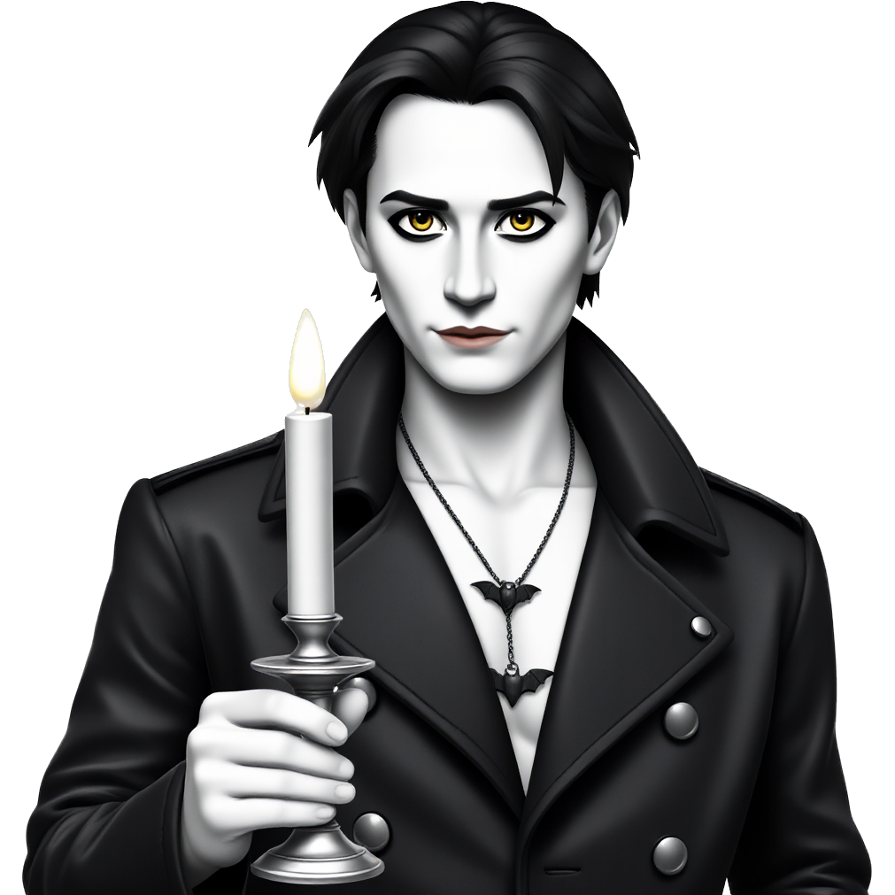🖤 Ahmed🦇🖤: Decked out in a black leather trench coat, adorned with silver spikes. His hair is jet black, cascading over his pale porcelain skin. Dark eyeliner accentuates his piercing gaze, while he clutches a silver candlestick in one hand and a bat-shaped pendant dangling from his neck. 🖤🌑