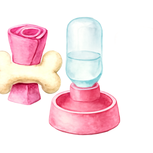 Hazme un rollo de bolsas de perro rosadas dentro de un huesito de color blanco hueso, al lado un botilito chiquito de esos que son para servirle agua a los perros que sea transparente con el fondo que lo cubre donde se le sirve el agua que sea de color rosado pero es de los que el botilito está metido dentro de la taza donde se le sirve el agua y al lado unas toallitas de cocina de papel chiquitas