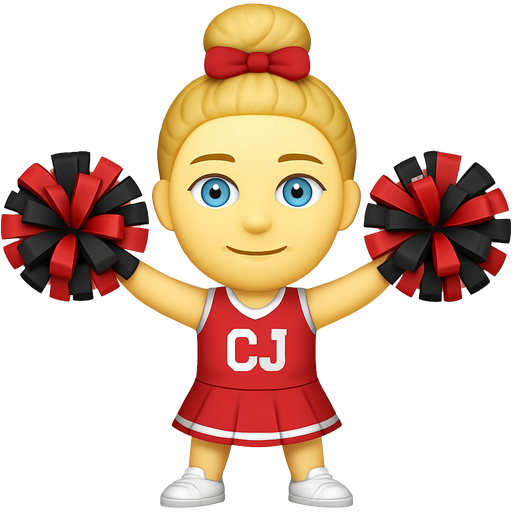 The skin is pale, not yellow and pom-poms Blue eyes but light blue with a little green for the eyes the mouth is closed, but kind of smiling and it’s a cheerleader and the pom-poms are black and red with a CJ uniform and hair up in in a brain and tennis shoes, but white and a bow at the end of the braid for the hair that’s all nothing else. That’s all I want. Make the head too make the pom-poms, red and black for both. Make the head the same size as the body not too big the head.