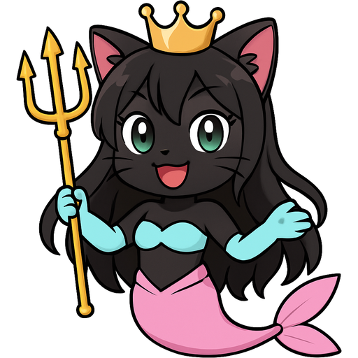 black cat smiling long hair crown green eyes #ffb8e9 gloves very long #B8FFFF mermaid tail with #ffb8f2 fins swimsuit #B8FFFF holding a golden trident sonic x style fan character emoji, expressive cute style
