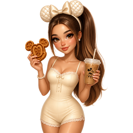 semi-realistic soft cartoon luxury glam, mini plush Bratz-doll aesthetic, cinematic glow, crisp clean detail, glossy glam skin. brown eyed Petite 5ft girl, fair skin with soft freckles, wide face with tall forehead, honey-brown almond wide-set upturned eyes, fluttery lashes, shimmer highlight, plush lips, bottom heavy lip, sweet Belle-princess vibe, long straight brunette hair with visible caramel highlights, wearing a soft buttercream fitted romper dress with delicate lace edging, pearl bracelet and low block heels, hair in a high swishy pony, quilted pearl Minnie ears with a satin bow, makeup with fresh champagne glow, holding a Mickey waffle and iced coffee