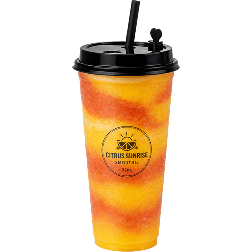 Citrus Sunrise Smoothie with a 32oz PP Injection Cup and a Premium Plastic PP Black Lid with an Attached Stopper including a Straw on Top of It Blended with Orange, Grape Fruit, Lime and Ginger and it’s Yellow and Reddish Orange Stripes