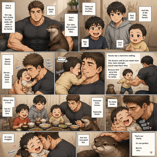 A DETAILED AND LIFELIKE LONG Anime Comic Book story view of a Bulky but Muscular ANIME Cute Bara Man With Peach toned skin Who looks Normal aind round facial Structure and Basic facial structure With Puffy and Big Pecs that are visible through the shirt and Biceps and Bandaid on his nose and Brown short hair that makes them look tough. Wearing normal With his pet Grown and healthy realistic otter and 2 little brothers that are in different ages but young. he loves the baby and the baby loves him too, and they cherish each other and at dinner is everyone loves the baby, but the baby has a problem walking, and get snuggled and kissed a lot