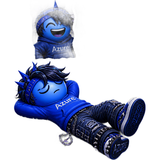 Azure make it hyper detailed and make azure lying on the ground and the ground have purple flowers surrounding him and also make a green patch of grass under him where he is laying and make a ripped up photo of azure and two time laughing