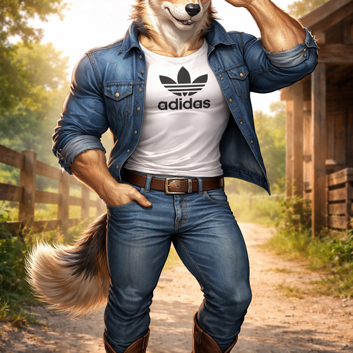 A Full Body Image of a Hunky and Chunky a Very Hot and Handsome German Shepard mixed with a Australian Shepard bara furry who is a Muscular but not to muscular and Extremely Chiseled Body features Masculine and Handsome and Ginormous Arms and a Rounded Pecs very Short Strait Hair but tall and very lean. Wearing Jean jacket over A Normal Sized White Adidas Shirt that’s short at the waist with Jeans and a Cowboy Hat with Boots. With his hand in his pocket holding his Hat on his head