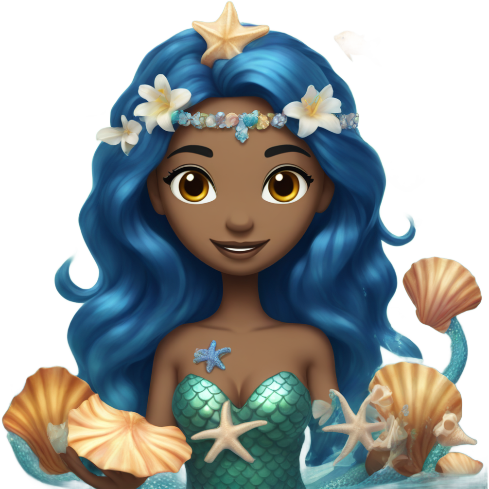 Mermaid with dark blue hair, with Amber Brown eyes, with a beautiful glowing tan, with a white mermaid tail and different seashells that make up a crown and she is holding beautiful colorful, lily flowers in her hands