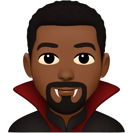 Handsome Brown skinned vampire man with goat tre beard and mustache, short curly black hair and dark brown eyes