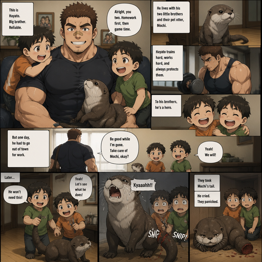 A DETAILED AND LIFELIKE ANIME Comic Book story view of a Bulky but Muscular ANIME Cute Bara Man With Peach toned skin Who looks Normal aind round facial Structure and Basic facial structure With Puffy and Big Pecs that are visible through the shirt and Biceps and Bandaid on his nose and Brown short hair that makes them look tough. Wearing normal With his pet Grown and healthy realistic otter and 2 little brothers that are in different ages but young. the otter just sits there and looks at them. Later, when the big brother isn’t home. the otter loses his tail from The little brothers