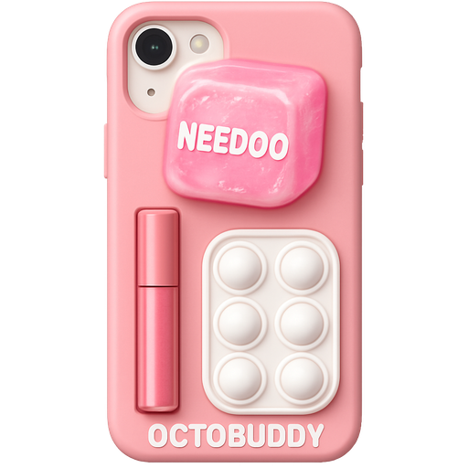 Can you make a pinkish phone case thst has a squishy that looks like a ice cube but make it pink and don’t cover the camera and no face and make it in the phone case and make it say needoo on it then also put a place on it hat could fit a lipgloss then ma he a space for something that looks like a pop it but make it say octobuddy on it and it is white