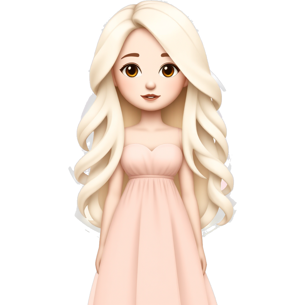 “Design a dreamy, glowing character with a soft, romantic vibe. She has long wavy pastel hair and wears a flowing dress in soft blush tones. Her expression is kind and gentle, standing in front of a glowing pink and golden neon background, giving a relaxed and lovely atmosphere.”