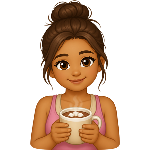 Brown hair & tan girl in a pink tank top with a beige tank top and a cup of hot chocolate , with Messi bun