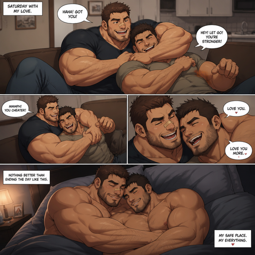 A DETAILED AND LIFELIKE ANIME Comic Book story view of a tall Frame and Gigantic and Lean but very Bulky with Huge arms And Pecs and Chest that makes him look Huge but Muscular ANIME Cute Bara Man With Peach toned skin Who looks Normal aind round facial Structure and Basic facial structure With Puffy and Big Pecs that are visible through the shirt and Biceps and Bandaid on his nose and Brown short hair and cleanly Shaved beard. Wearing a T-shirt and Jeans. And Play fighting (and both laughing) with his Boyfriend who’s as big as him on the couch and since he is stronger and Bigger he hugs him and doesn’t let go. And They Cuddle shirtless in bed