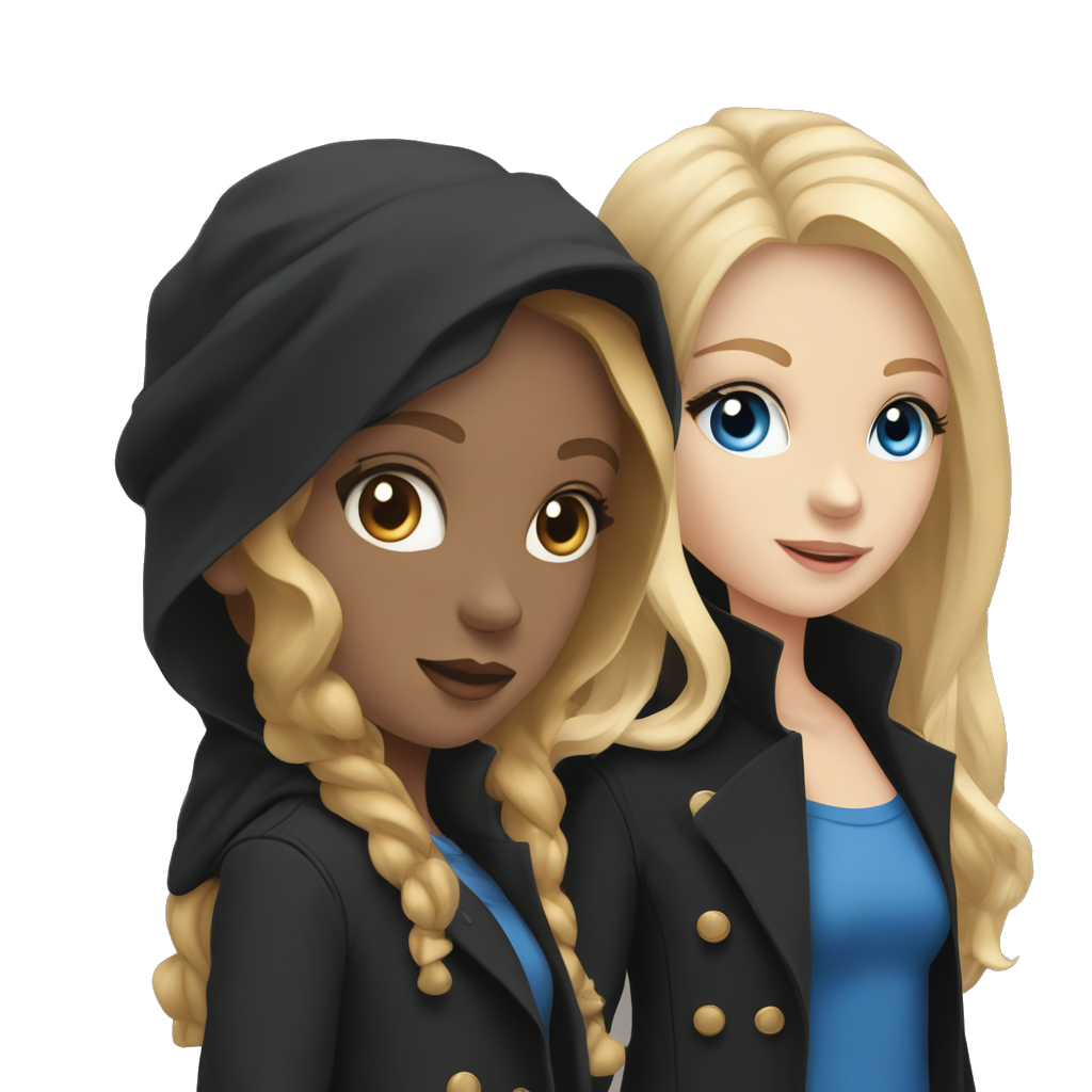 girl with long brunette hair and blue eyes in a black trenchcoat holding hands with a blond girl with brown eyes in a blck trenchcoat