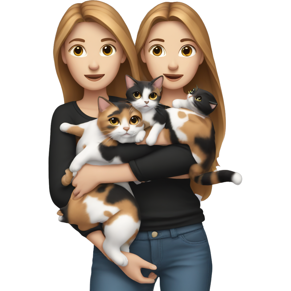 female holding two calico cats in her arms. She has fair skin, long straight light brown hair, big blue eyes and is wearing black .